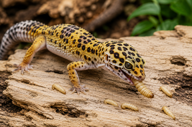Leopard gecko feeding on black soldier fly larvae on a piece of wood