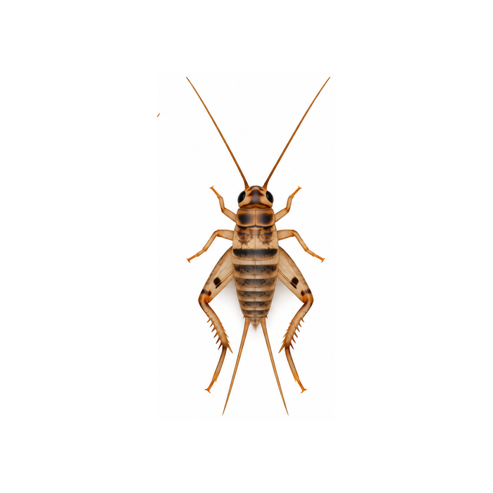 Banded cricket at large size, about 1/2 inch, on a white background