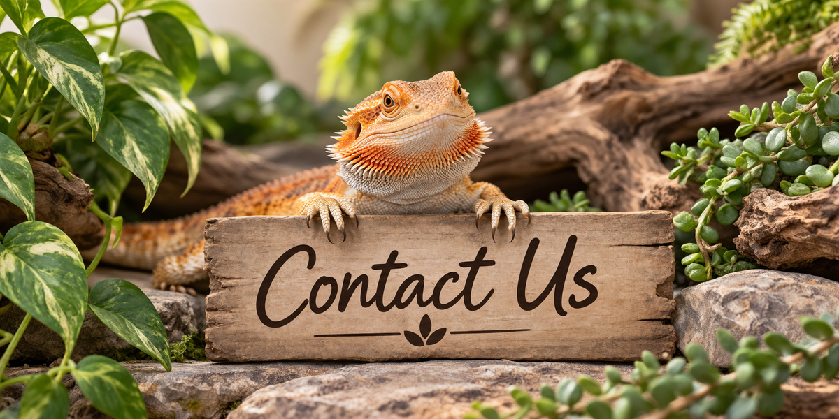 A bearded dragon among pothos leaves, driftwood and rocks, resting its front feet on a weathered wooden sign that reads Contact Us