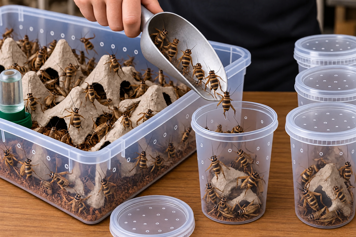 Banded crickets being scooped from a ventilated bin into a clear portion cup, with more lidded cups stacked beside it on a wooden bench