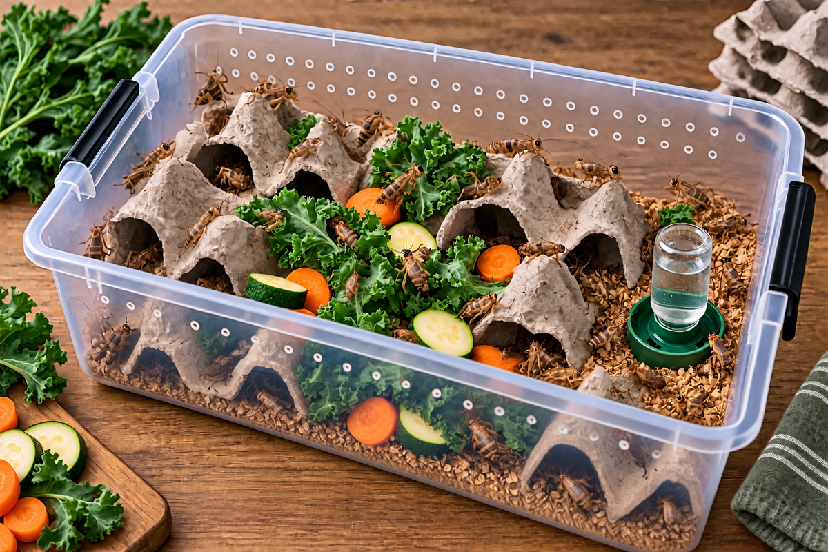 A ventilated bin of banded crickets with egg-crate flats, kale, carrot and zucchini slices and a feeder-insect waterer, crickets spread out across the flats