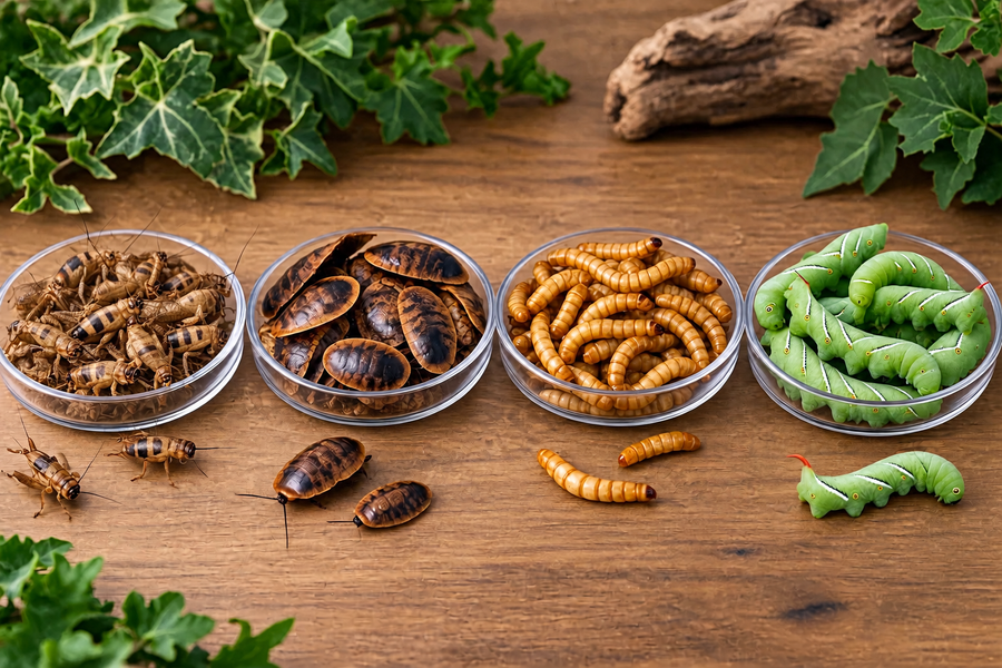 Four shallow dishes side by side holding banded crickets, discoid roaches, mealworms and hornworms, with a few of each on the bench in front of them