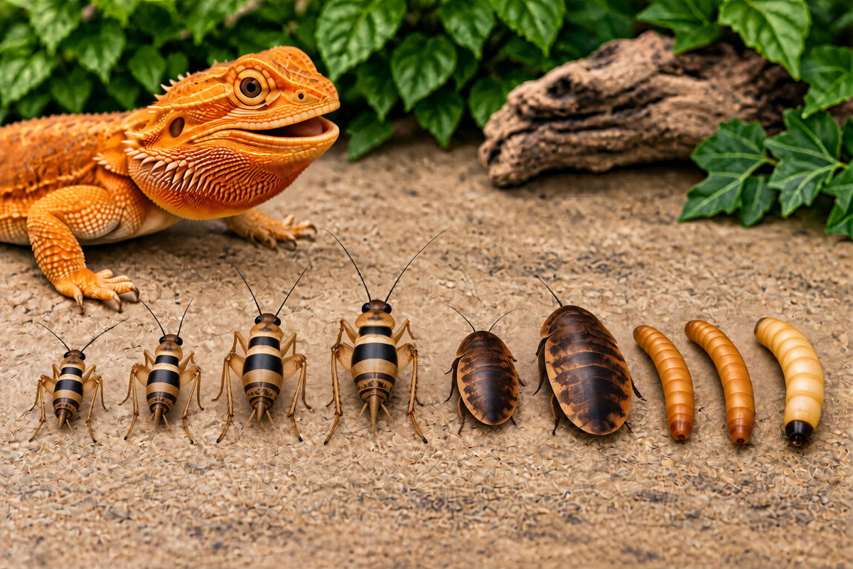 A bearded dragon beside a row of feeder insects arranged from smallest to largest, showing the range of available sizes