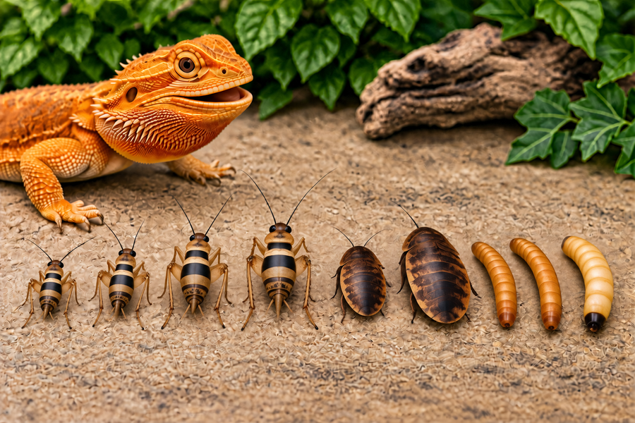 A bearded dragon beside a row of feeder insects arranged from smallest to largest, showing the range of available sizes