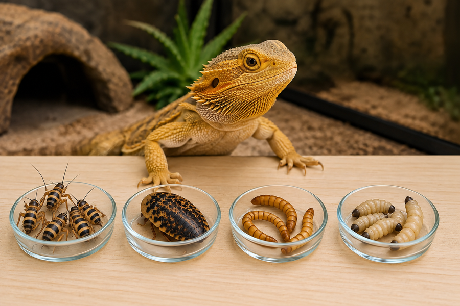 A bearded dragon beside four glass dishes of feeder insects, one dish for each type