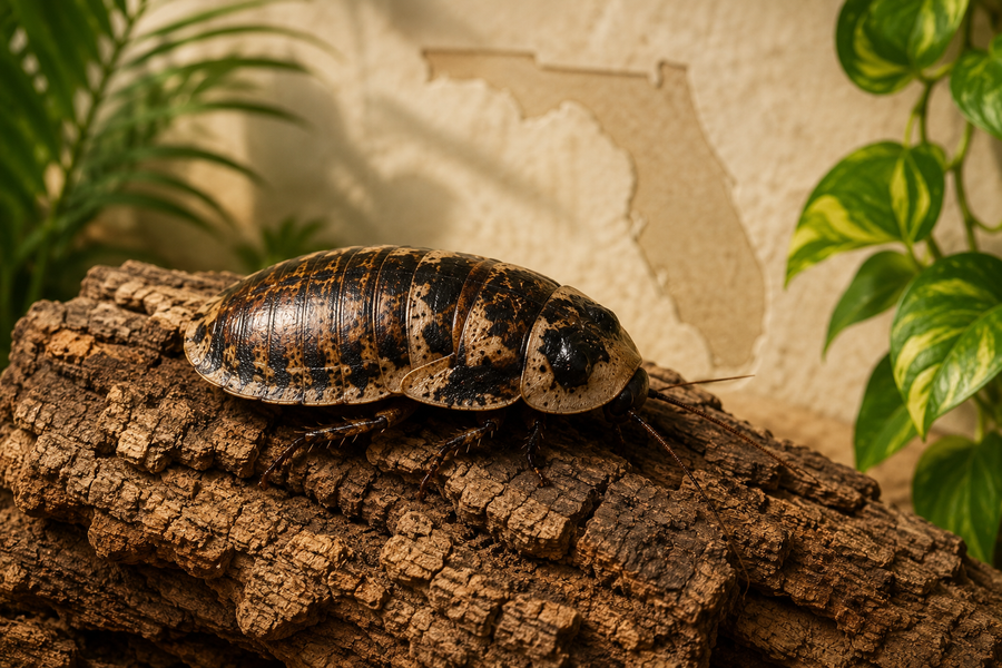 Discoid roach on cork bark, the feeder roach Florida permits, with the outline of Florida on the wall behind