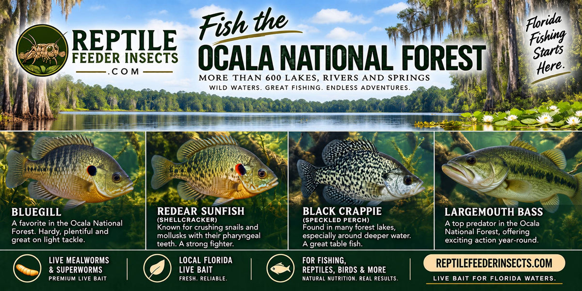 Fish the Ocala National Forest — more than 600 lakes, rivers and springs, with live mealworms and superworms as Florida live bait