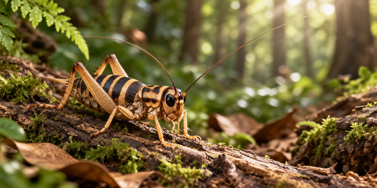 Banded cricket, Gryllodes sigillatus, on a mossy log in dappled woodland light, showing the dark bands across its body