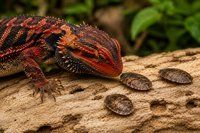 Red and black bearded dragon lowering its head toward medium discoid roaches on a log