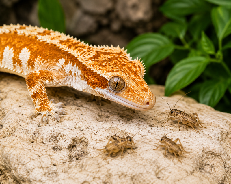 Crested gecko on stone watching small crickets, the correct feeder size for the species