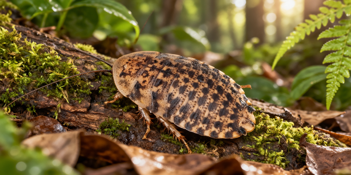Discoid roach, Blaberus discoidalis, in profile on a mossy log in dappled woodland light, showing the mottled tan and black markings
