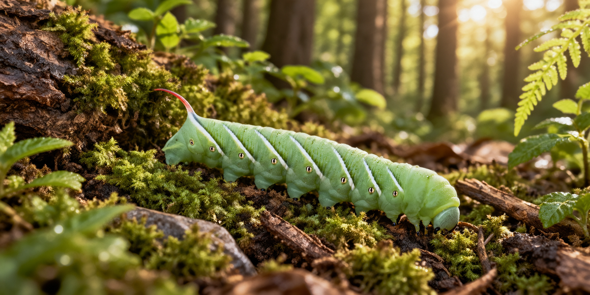 Hornworm, Manduca sexta larva, on moss and leaf litter in dappled woodland light, showing the green body, white diagonal stripes and red tail horn