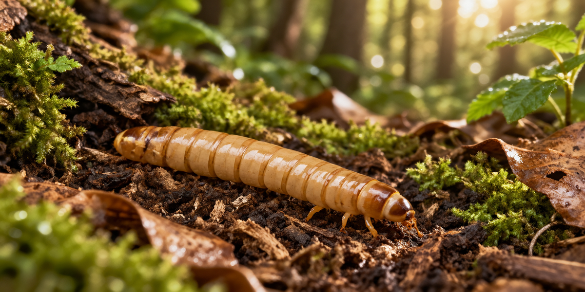 Mealworm, Tenebrio molitor larva, on moss and leaf litter in dappled woodland light, showing the segmented golden body and three pairs of legs at the head end