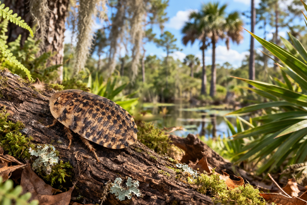 A discoid roach on a mossy fallen log beside a Florida cypress pond, with cabbage palms, saw palmetto and Spanish moss