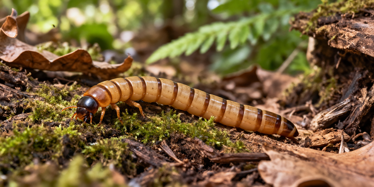 A live superworm on the Florida forest floor among moss, leaf litter and fern