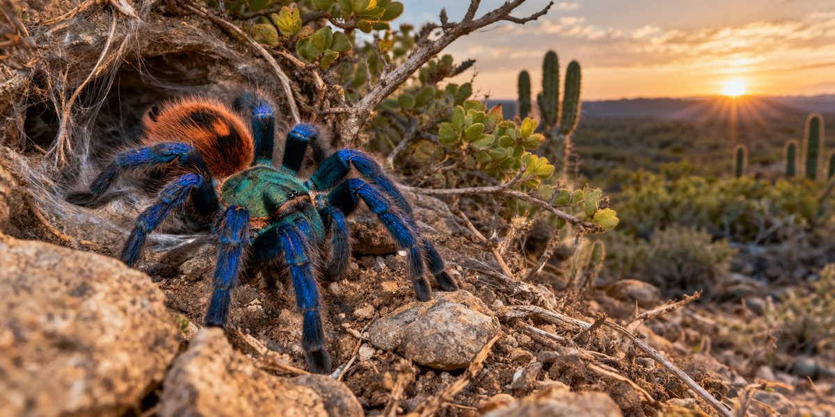 Green and blue tarantula at the mouth of its silk-lined burrow in dry scrubland at sunset