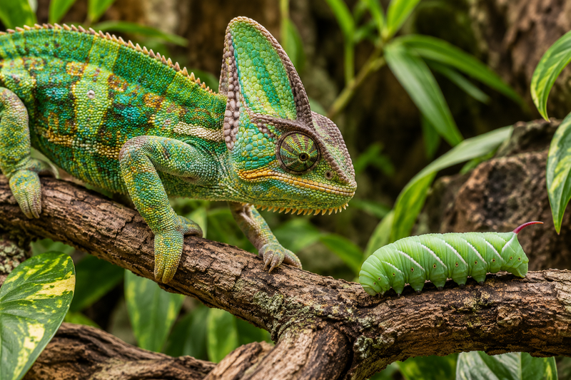 Veiled chameleon on a branch watching a hornworm, the high-moisture feeder recommended for chameleons