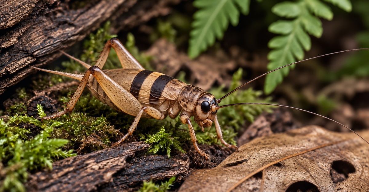 Banded cricket, Gryllodes sigillatus, in profile on mossy bark, showing the two dark bands across its body and the short wings that cover only part of the abdomen