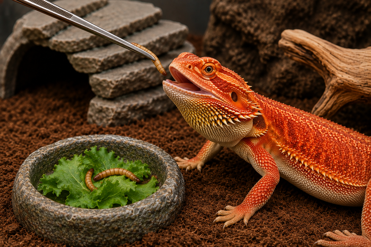 Red bearded dragon being offered mealworms, showing gut-loaded feeders in use
