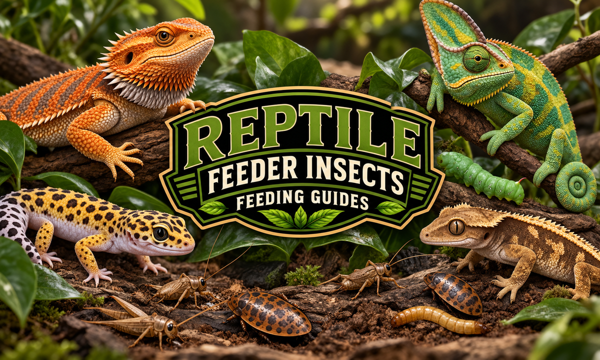 A bearded dragon, chameleon, leopard gecko and crested gecko gathered around crickets, a discoid roach, a mealworm and a hornworm, beneath a Reptile Feeder Insects Feeding Guides badge